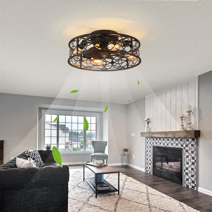20 in. Caged Ceiling Fan with Lights Remote Control, Low Profile Flush Mount Ceiling Fan, Farmhouse Bladeless Black Ceiling Fan for Kitchen Bedroom-2-ErisView