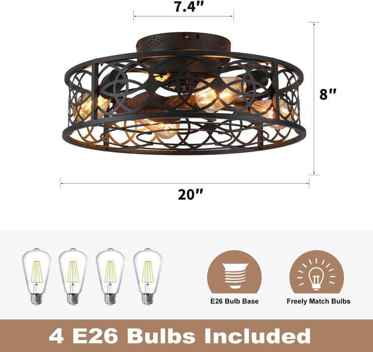 20 in. Caged Ceiling Fan with Lights Remote Control, Low Profile Flush Mount Ceiling Fan, Farmhouse Bladeless Black Ceiling Fan for Kitchen Bedroom-3-ErisView