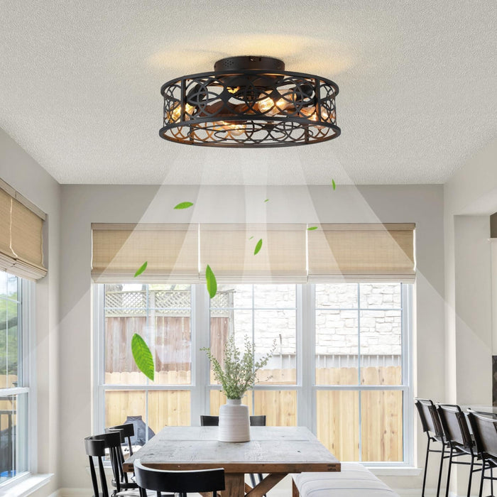 20 in. Caged Ceiling Fan with Lights Remote Control, Low Profile Flush Mount Ceiling Fan, Farmhouse Bladeless Black Ceiling Fan for Kitchen Bedroom-4-ErisView