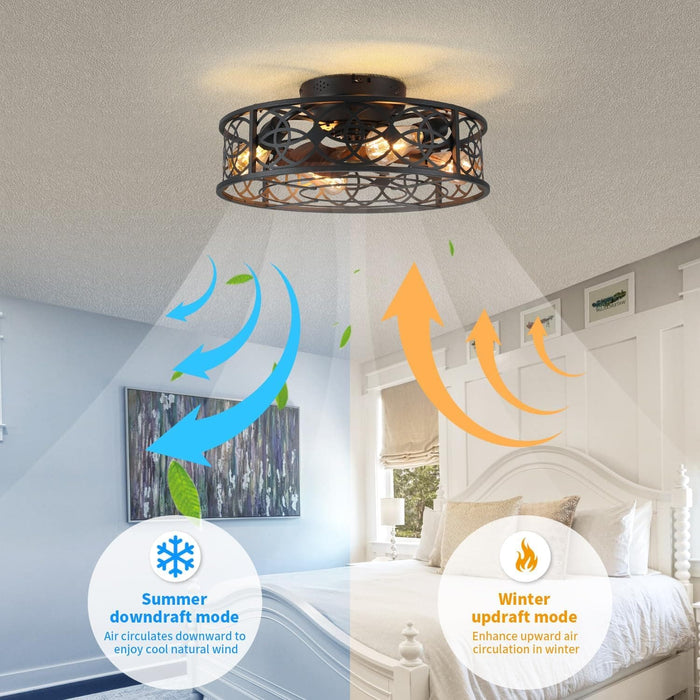 20 in. Caged Ceiling Fan with Lights Remote Control, Low Profile Flush Mount Ceiling Fan, Farmhouse Bladeless Black Ceiling Fan for Kitchen Bedroom-5-ErisView