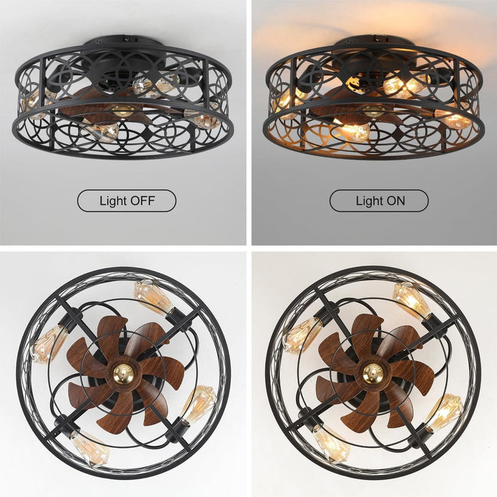 20 in. Caged Ceiling Fan with Lights Remote Control, Low Profile Flush Mount Ceiling Fan, Farmhouse Bladeless Black Ceiling Fan for Kitchen Bedroom-6-ErisView