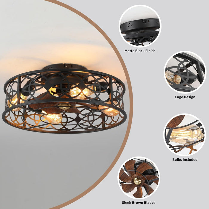 20 in. Caged Ceiling Fan with Lights Remote Control, Low Profile Flush Mount Ceiling Fan, Farmhouse Bladeless Black Ceiling Fan for Kitchen Bedroom-7-ErisView