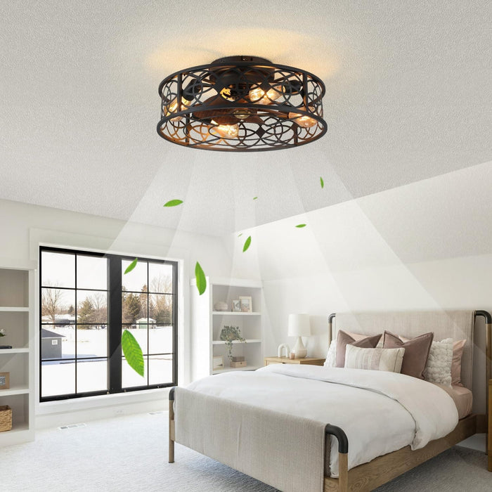 20 in. Caged Ceiling Fan with Lights Remote Control, Low Profile Flush Mount Ceiling Fan, Farmhouse Bladeless Black Ceiling Fan for Kitchen Bedroom-8-ErisView