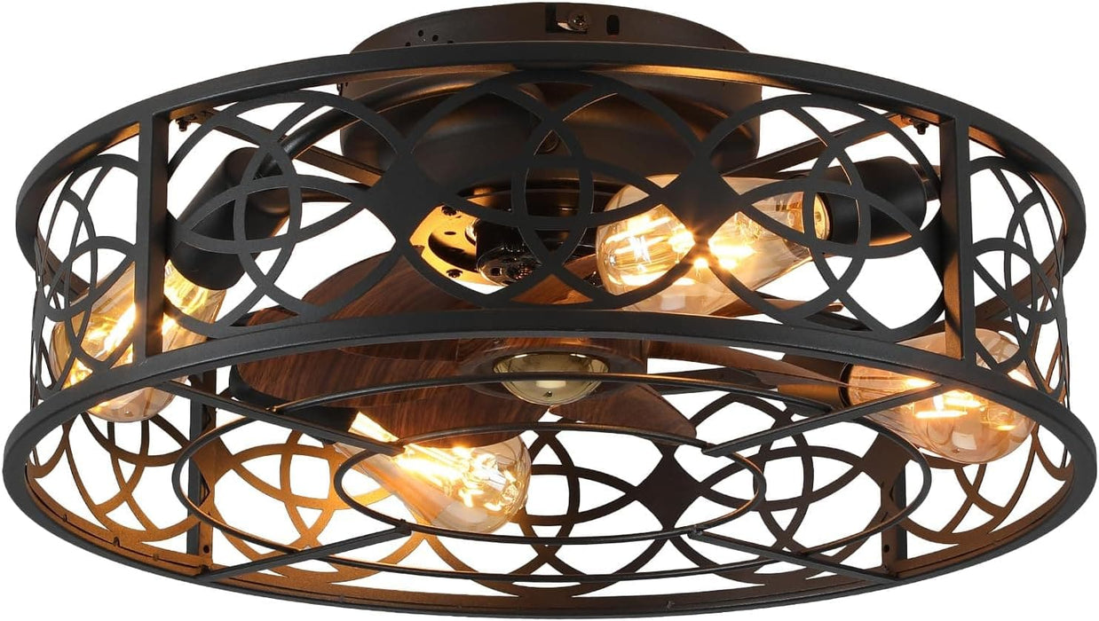 20 in. Caged Ceiling Fan with Lights Remote Control, Low Profile Flush Mount Ceiling Fan, Farmhouse Bladeless Black Ceiling Fan for Kitchen Bedroom-9-ErisView