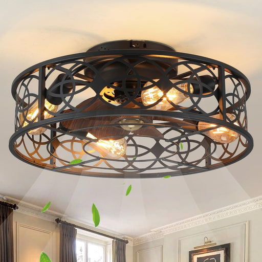 20 in. Caged Ceiling Fan with Lights Remote Control, Low Profile Flush Mount Ceiling Fan, Farmhouse Bladeless Black Ceiling Fan for Kitchen Bedroom-1-ErisView