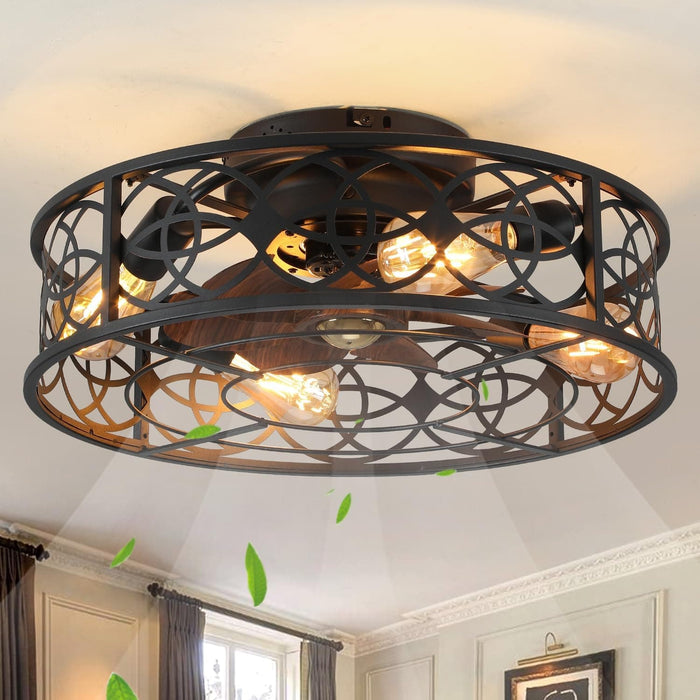 20 in. Caged Ceiling Fan with Lights Remote Control, Low Profile Flush Mount Ceiling Fan, Farmhouse Bladeless Black Ceiling Fan for Kitchen Bedroom-1-ErisView