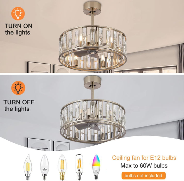 20 in. Caged Ceiling Fan with Lights and Remote, Modern Industrial Crystal Ceiling Fan Chandelier, Brushed Nickel Ceiling Fan for Living Room Bedroom-3-ErisView
