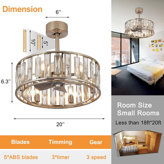 20 in. Caged Ceiling Fan with Lights and Remote, Modern Industrial Crystal Ceiling Fan Chandelier, Brushed Nickel Ceiling Fan for Living Room Bedroom-4-ErisView