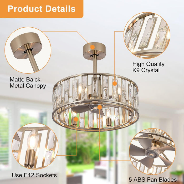 20 in. Caged Ceiling Fan with Lights and Remote, Modern Industrial Crystal Ceiling Fan Chandelier, Brushed Nickel Ceiling Fan for Living Room Bedroom-6-ErisView