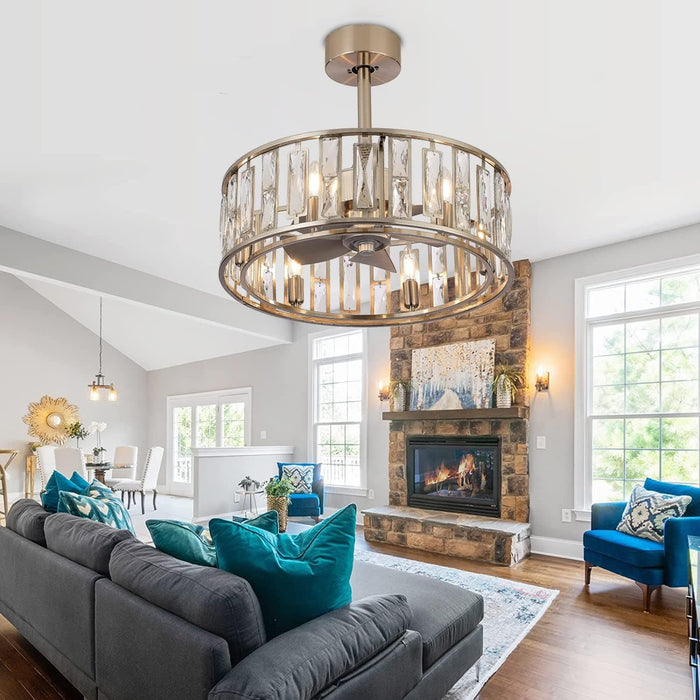 20 in. Caged Ceiling Fan with Lights and Remote, Modern Industrial Crystal Ceiling Fan Chandelier, Brushed Nickel Ceiling Fan for Living Room Bedroom-8-ErisView
