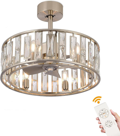 20 in. Caged Ceiling Fan with Lights and Remote, Modern Industrial Crystal Ceiling Fan Chandelier, Brushed Nickel Ceiling Fan for Living Room Bedroom-1-ErisView