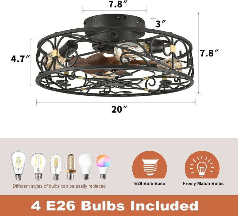 20 in. Caged Ceiling Fan with Lights and Remote, Reversible Bladeless Ceiling Fan, Flush Mount Caged Ceiling Fan for Bedroom Living Room -6-ErisView