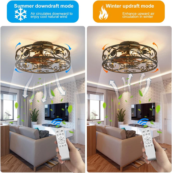 20 in. Caged Ceiling Fan with Lights and Remote, Reversible Bladeless Ceiling Fan, Flush Mount Caged Ceiling Fan for Bedroom Living Room -7-ErisView