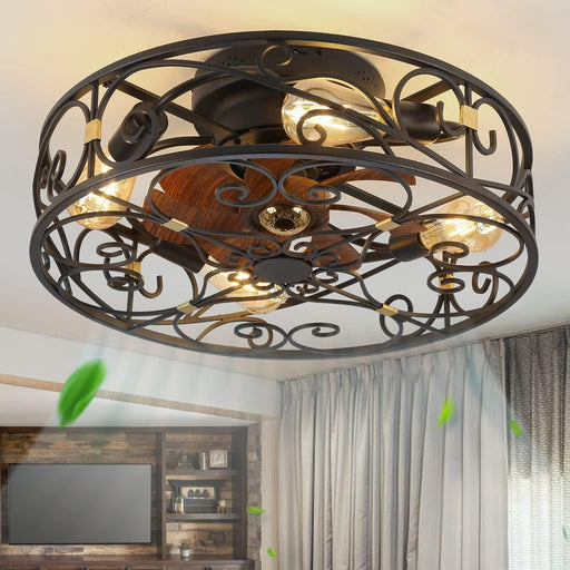 20 in. Caged Ceiling Fan with Lights and Remote, Reversible Bladeless Ceiling Fan, Flush Mount Caged Ceiling Fan for Bedroom Living Room -1-ErisView