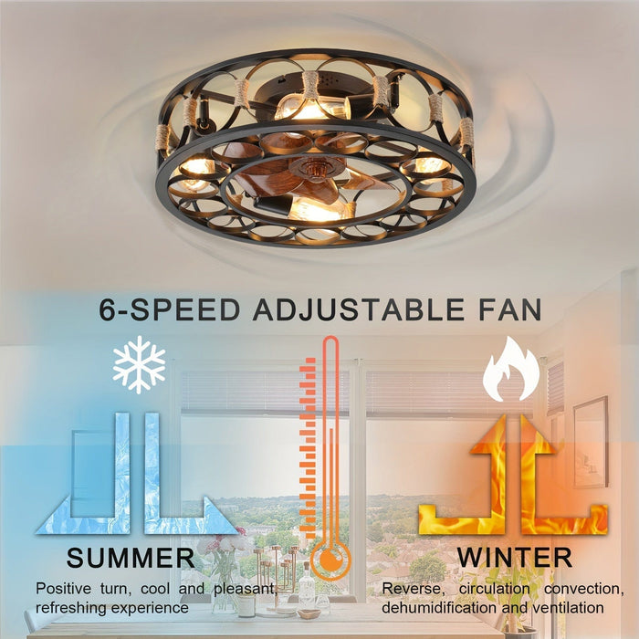 20 in. Caged Enclosed Ceiling Fan with Lights Remote Control, Low Profile Flush Mount Ceiling Fans with Reversible Blades for Living Room Bedroom Kitchen-ErisView