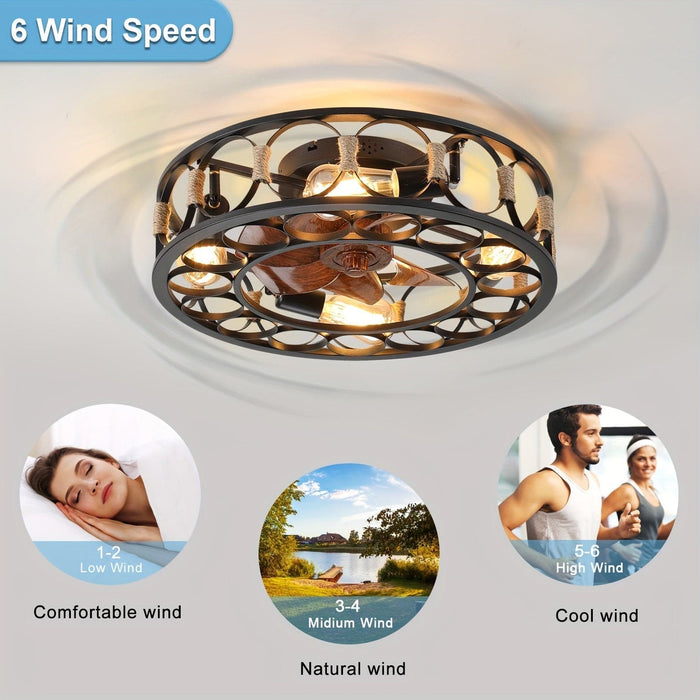 20 in. Caged Enclosed Ceiling Fan with Lights Remote Control, Low Profile Flush Mount Ceiling Fans with Reversible Blades for Living Room Bedroom Kitchen-ErisView