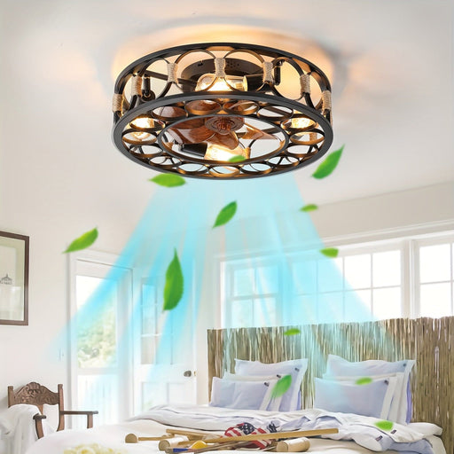 20 in. Caged Enclosed Ceiling Fan with Lights Remote Control, Low Profile Flush Mount Ceiling Fans with Reversible Blades for Living Room Bedroom Kitchen-ErisView