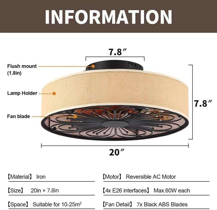 20 in. Caged Low Profile Ceiling Fan with Light and Remote Control, Flush Mount Enclosed Ceiling Fan for Bedroom Living Room Kitchen-6-ErisView