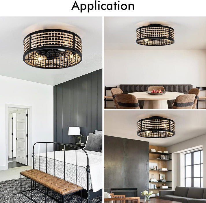 20 in. Caged Low Profile Flush Mount Ceiling Fan without Blades, Boho Ceiling Fan with Lights, Rattan Enclosed Ceiling Fan for Bedroom Kitchen Dining Room-9-ErisView