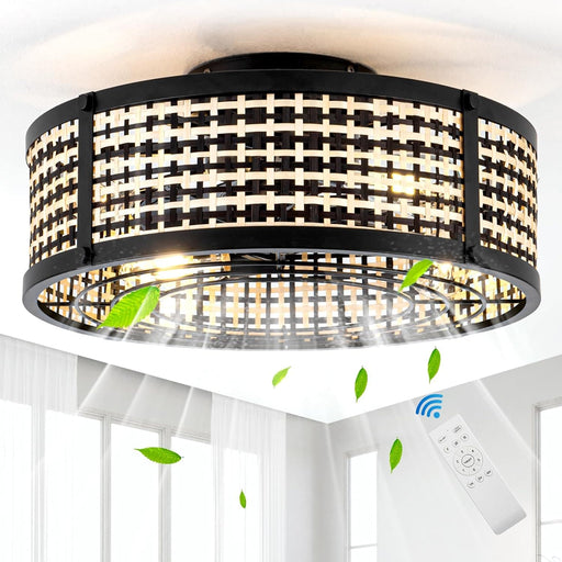 20 in. Caged Low Profile Flush Mount Ceiling Fan without Blades, Boho Ceiling Fan with Lights, Rattan Enclosed Ceiling Fan for Bedroom Kitchen Dining Room-1-ErisView