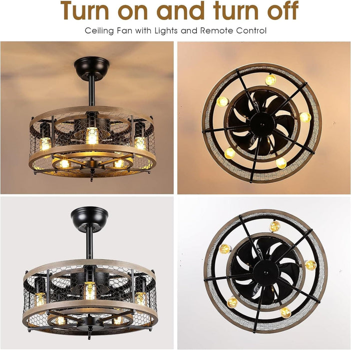 20 in. Caged Remote Control Ceiling Fans, Small Farmhouse Ceiling Fan with Light, Black Rustic Bladeless Ceiling Fan for Living Room Bedroom Kitchen-2-ErisView