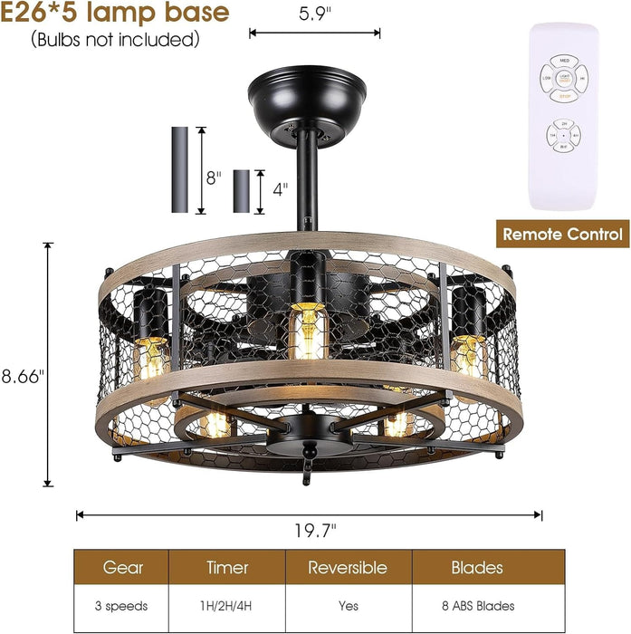 20 in. Caged Remote Control Ceiling Fans, Small Farmhouse Ceiling Fan with Light, Black Rustic Bladeless Ceiling Fan for Living Room Bedroom Kitchen-3-ErisView