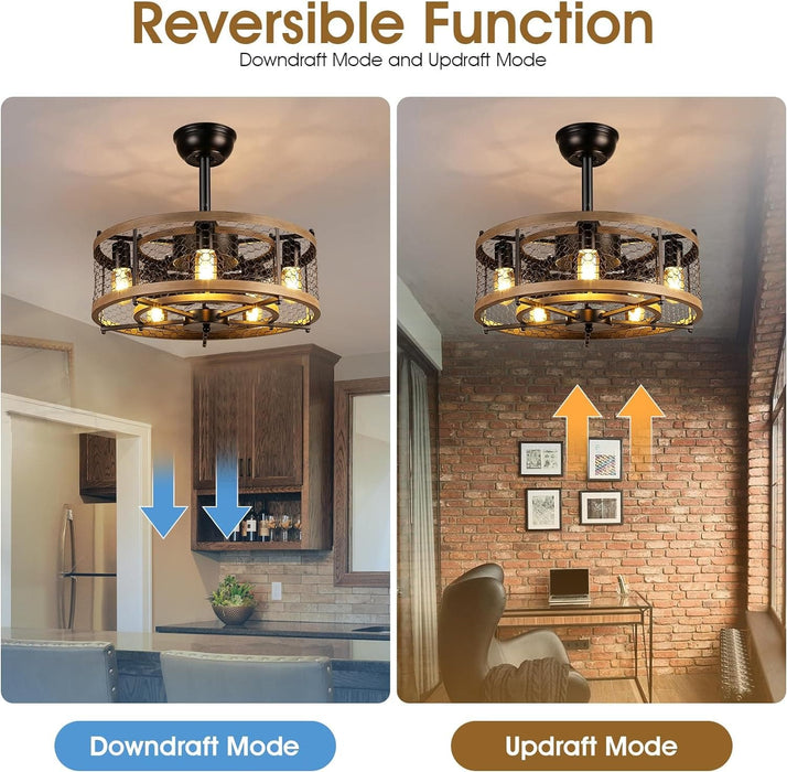20 in. Caged Remote Control Ceiling Fans, Small Farmhouse Ceiling Fan with Light, Black Rustic Bladeless Ceiling Fan for Living Room Bedroom Kitchen-5-ErisView