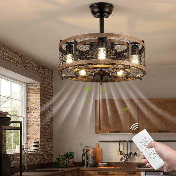 20 in. Caged Remote Control Ceiling Fans, Small Farmhouse Ceiling Fan with Light, Black Rustic Bladeless Ceiling Fan for Living Room Bedroom Kitchen-6-ErisView