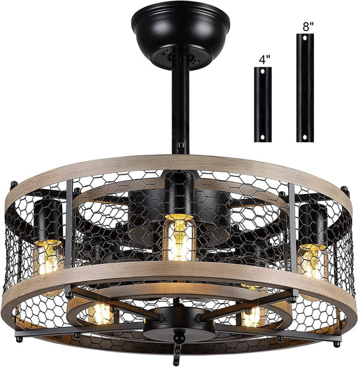 20 in. Caged Remote Control Ceiling Fans, Small Farmhouse Ceiling Fan with Light, Black Rustic Bladeless Ceiling Fan for Living Room Bedroom Kitchen-1-ErisView