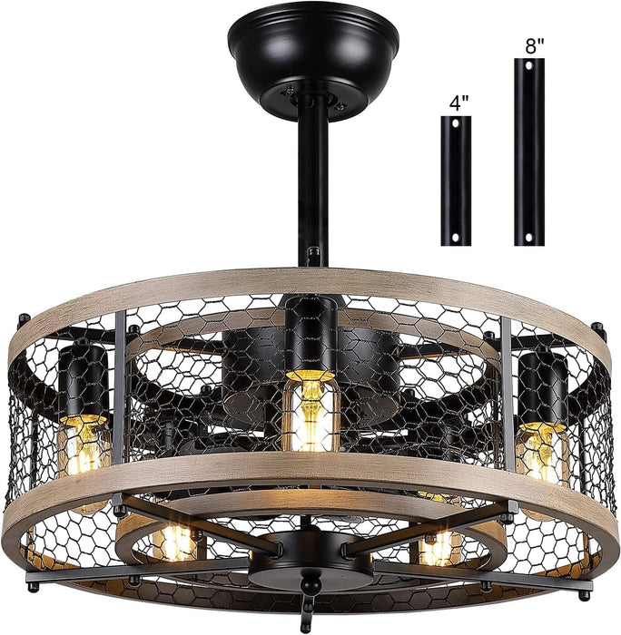 20 in. Caged Remote Control Ceiling Fans, Small Farmhouse Ceiling Fan with Light, Black Rustic Bladeless Ceiling Fan for Living Room Bedroom Kitchen-1-ErisView