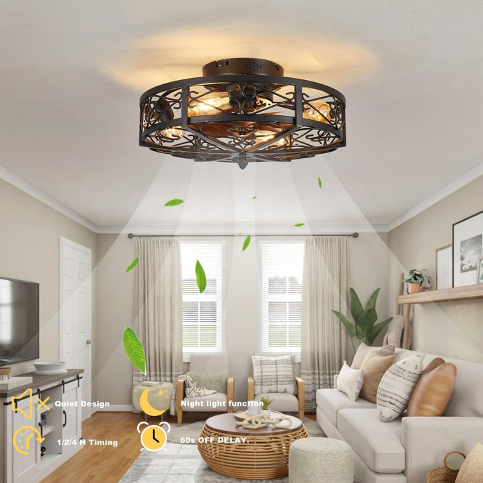 20 in. Caged Vintage Farmhouse Ceiling Fan with Light, Fandelier Flush Mount with Remote, Bladeless Enclosed Ceiling Fan for Kitchen Bedroom-2-ErisView