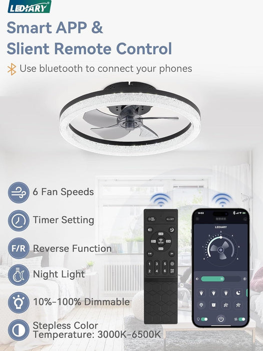 20 in. Ceiling Fan with Low Profile Light and Remote, Dimmable Modern Flush Mount Ceiling Fan, Black Bladeless Ceiling Fan for Bedroom Living Room Fan-4-ErisView