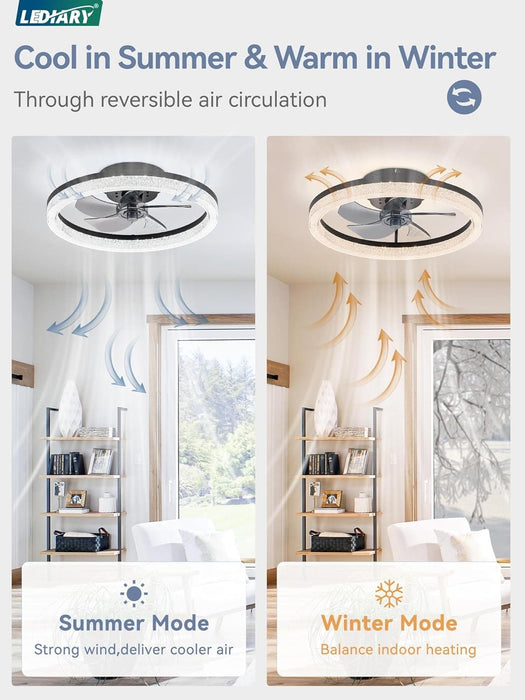 20 in. Ceiling Fan with Low Profile Light and Remote, Dimmable Modern Flush Mount Ceiling Fan, Black Bladeless Ceiling Fan for Bedroom Living Room Fan-5-ErisView