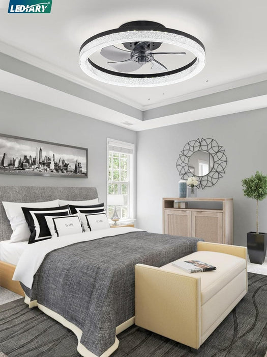 20 in. Ceiling Fan with Low Profile Light and Remote, Dimmable Modern Flush Mount Ceiling Fan, Black Bladeless Ceiling Fan for Bedroom Living Room Fan-7-ErisView