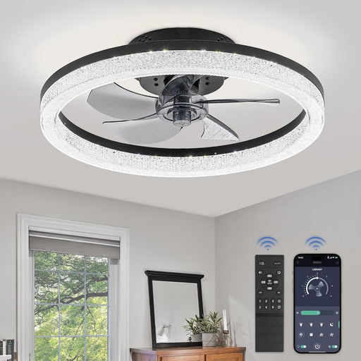 20 in. Ceiling Fan with Low Profile Light and Remote, Dimmable Modern Flush Mount Ceiling Fan, Black Bladeless Ceiling Fan for Bedroom Living Room Fan-1-ErisView