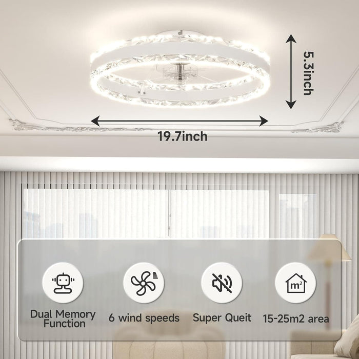 20 in. Chandelier Fan Light, Ceiling Fan on Low Ceiling with Light and Remote, Dimmable Flush Mount LED Ceiling Fan Light, White Modern Ceiling Fan-6-ErisView