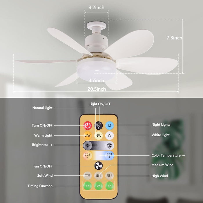 20 in. Dimmable Ceiling Fan Light, White Socket Fan Lights with Remote, Screw Socket Fan for Bedroom Kitchen Living Room-5-ErisView