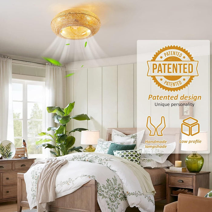 20 in. Enclosed Ceiling Fan for Bedroom Living Room Kitchen, Boho Caged Ceiling Fan with Light, Flush Mount Rattan Ceiling Fans with Lights and Remote-2-ErisView