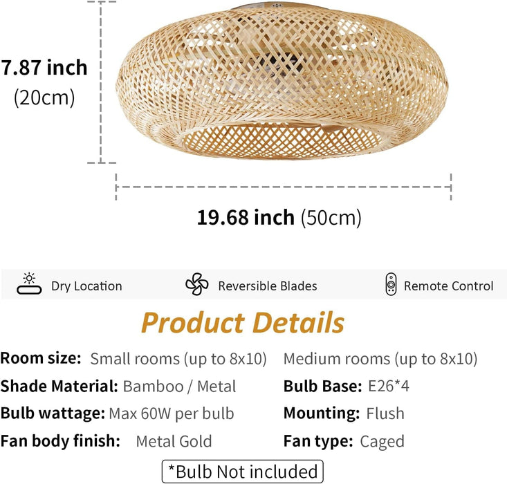 20 in. Enclosed Ceiling Fan for Bedroom Living Room Kitchen, Boho Caged Ceiling Fan with Light, Flush Mount Rattan Ceiling Fans with Lights and Remote-5-ErisView