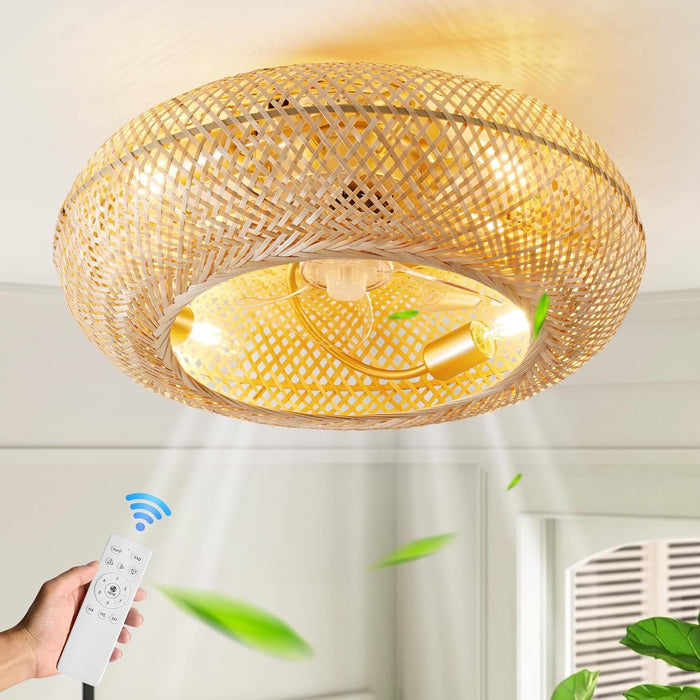 20 in. Enclosed Ceiling Fan for Bedroom Living Room Kitchen, Boho Caged Ceiling Fan with Light, Flush Mount Rattan Ceiling Fans with Lights and Remote-1-ErisView