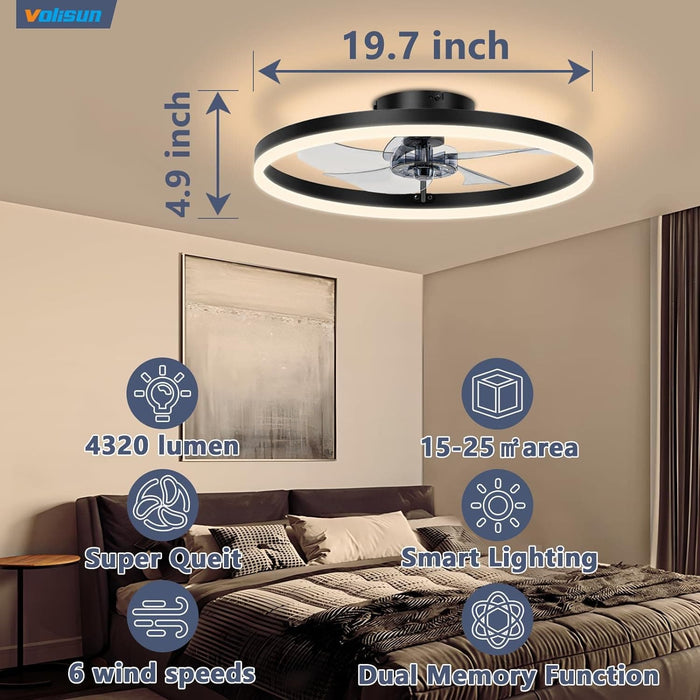 20 in. Fandelier Ceiling Fan, Ceiling Fan on Low Ceiling with Light and Remote, Dimmable Flush Mount LED Fan Light, Black Ceiling Fan without Blades-5-ErisView