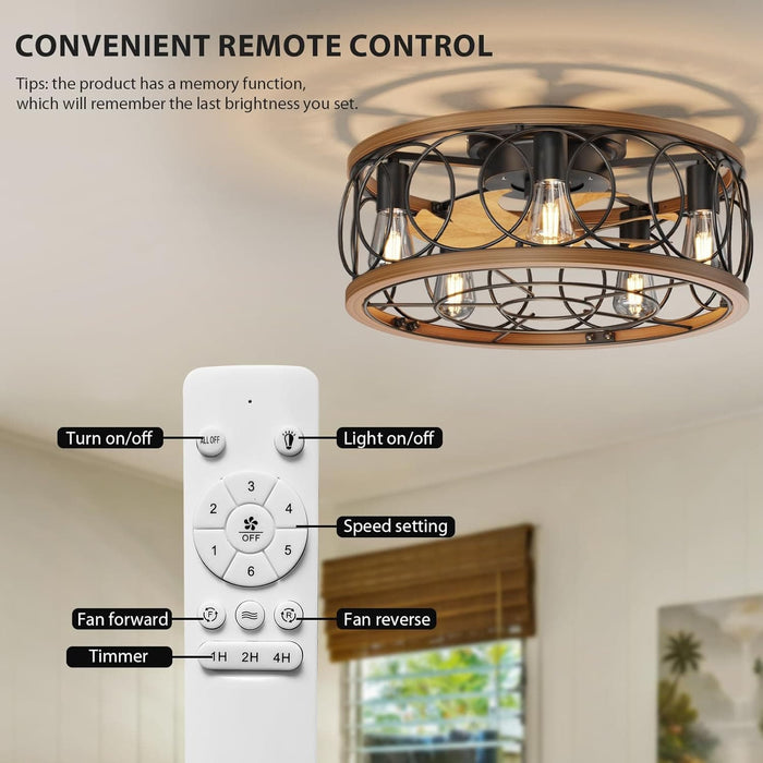 20 in. Fandelier Ceiling Fan Light with Remote, Black Enclosed Caged Ceiling Fan with Lights, Modern Reversible Low Profile Flush Mount Ceiling Fan-2-ErisView