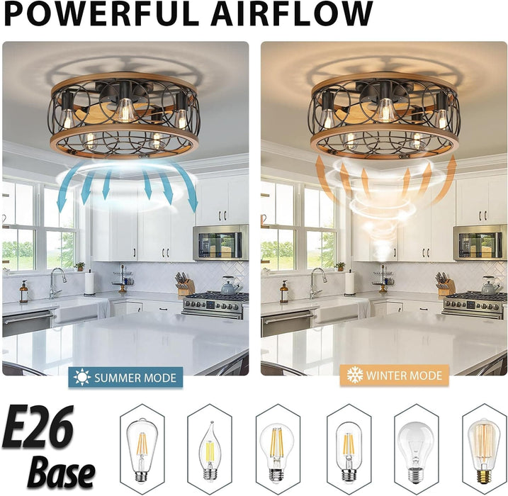 20 in. Fandelier Ceiling Fan Light with Remote, Black Enclosed Caged Ceiling Fan with Lights, Modern Reversible Low Profile Flush Mount Ceiling Fan-3-ErisView