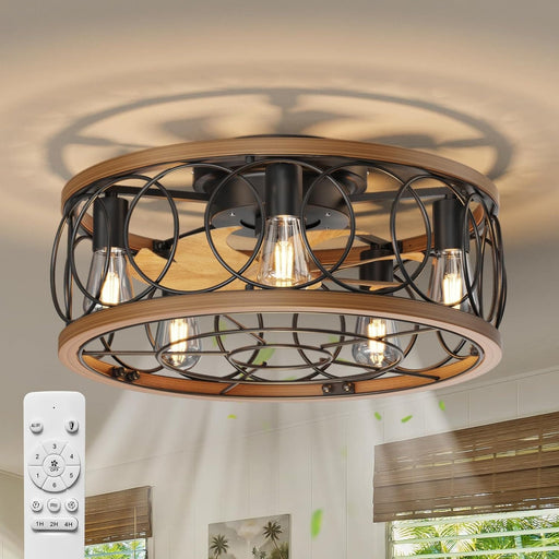 20 in. Fandelier Ceiling Fan Light with Remote, Black Enclosed Caged Ceiling Fan with Lights, Modern Reversible Low Profile Flush Mount Ceiling Fan-1-ErisView