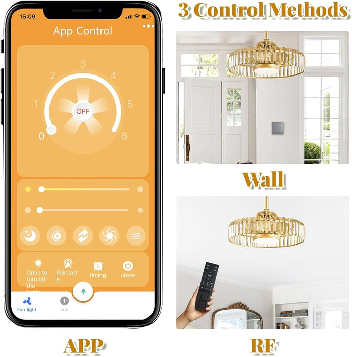 20 in. Fandelier Ceiling Fan with Lights and Remote APP Control, Flush Mount Gold Caged Crystal Ceiling Fan, Quiet Bedroom Living Room Fan -2-ErisView