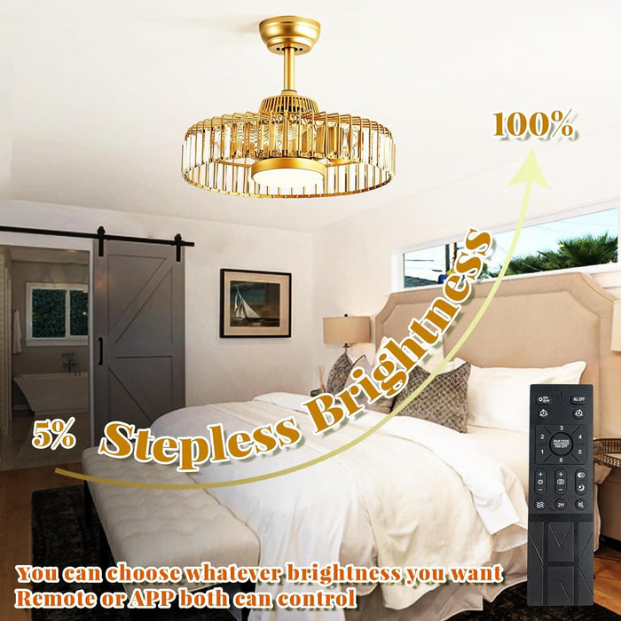 20 in. Fandelier Ceiling Fan with Lights and Remote APP Control, Flush Mount Gold Caged Crystal Ceiling Fan, Quiet Bedroom Living Room Fan -4-ErisView