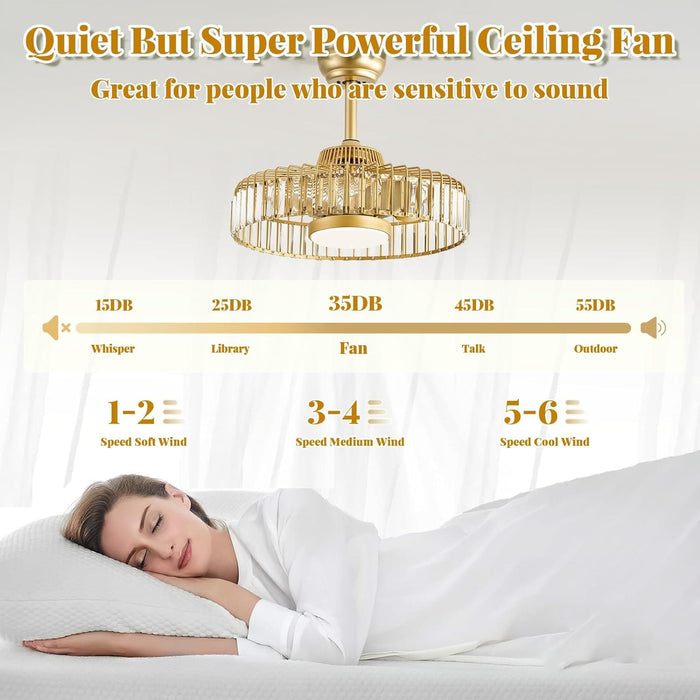 20 in. Fandelier Ceiling Fan with Lights and Remote APP Control, Flush Mount Gold Caged Crystal Ceiling Fan, Quiet Bedroom Living Room Fan -5-ErisView