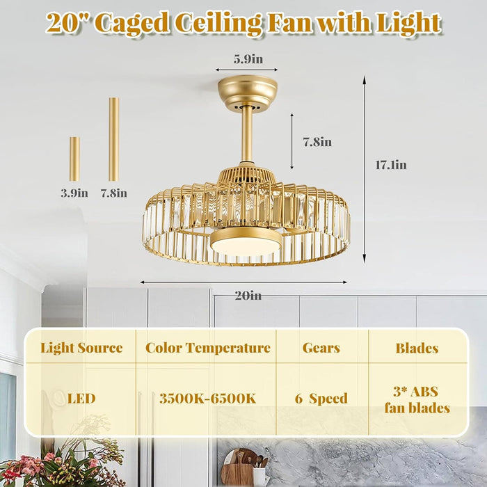 20 in. Fandelier Ceiling Fan with Lights and Remote APP Control, Flush Mount Gold Caged Crystal Ceiling Fan, Quiet Bedroom Living Room Fan -6-ErisView