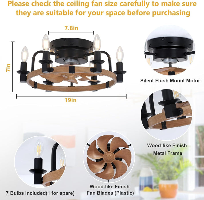 20 in. Farmhouse Dimmable Low Profile Ceiling Fan Lights and Remote, Rustic Flush Mount Ceiling Fan with Light for Bedroom Kitchen Dining Room-2-ErisView