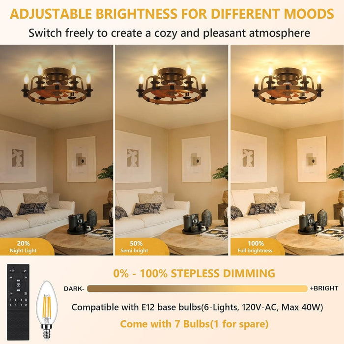 20 in. Farmhouse Dimmable Low Profile Ceiling Fan Lights and Remote, Rustic Flush Mount Ceiling Fan with Light for Bedroom Kitchen Dining Room-4-ErisView